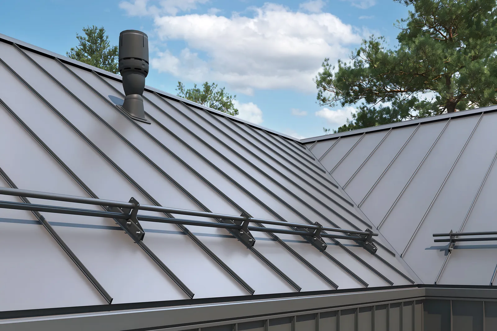 Commercial standing seam metal roof snow guards vent