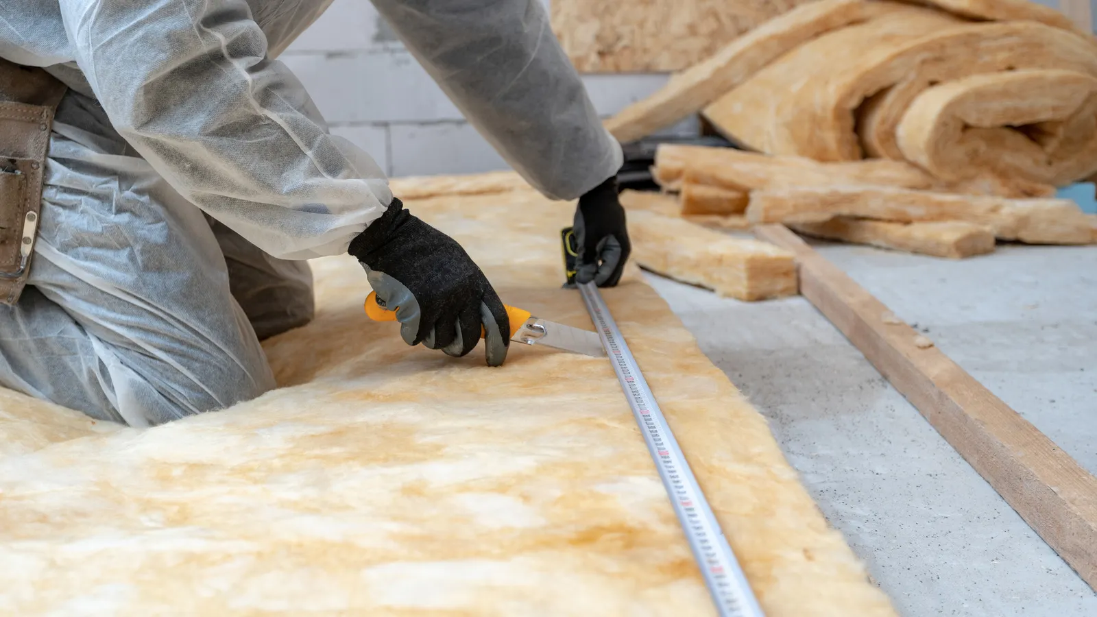 Loft insulation installer measuring mineral wool roll